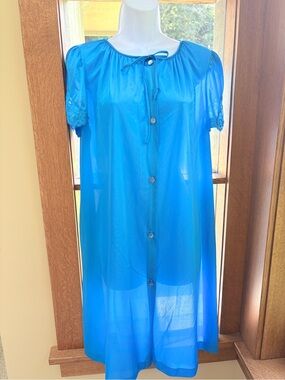 Vintage Lorraine Royal Blue Button-Front Nightgown with Lace Sleeves Small